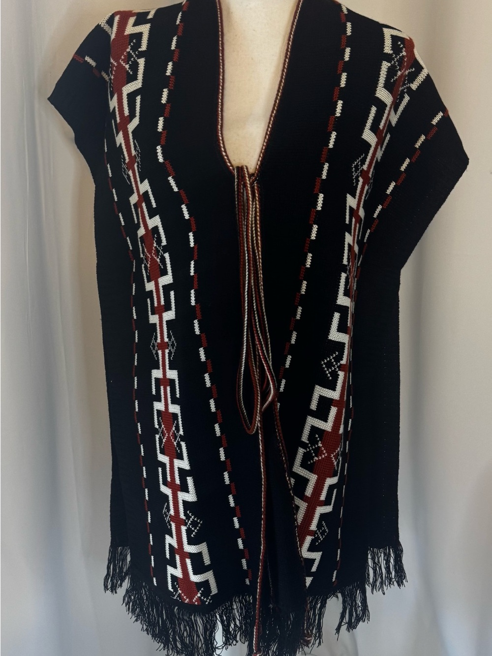 Vintage Southwestern Geometric Knit Fringe Tie Front Vest Poncho